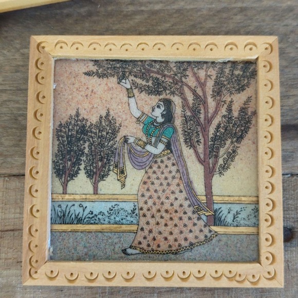 Vintage Set of Five Rajasthan Wood and Glass Coasters - Picture 5 of 11